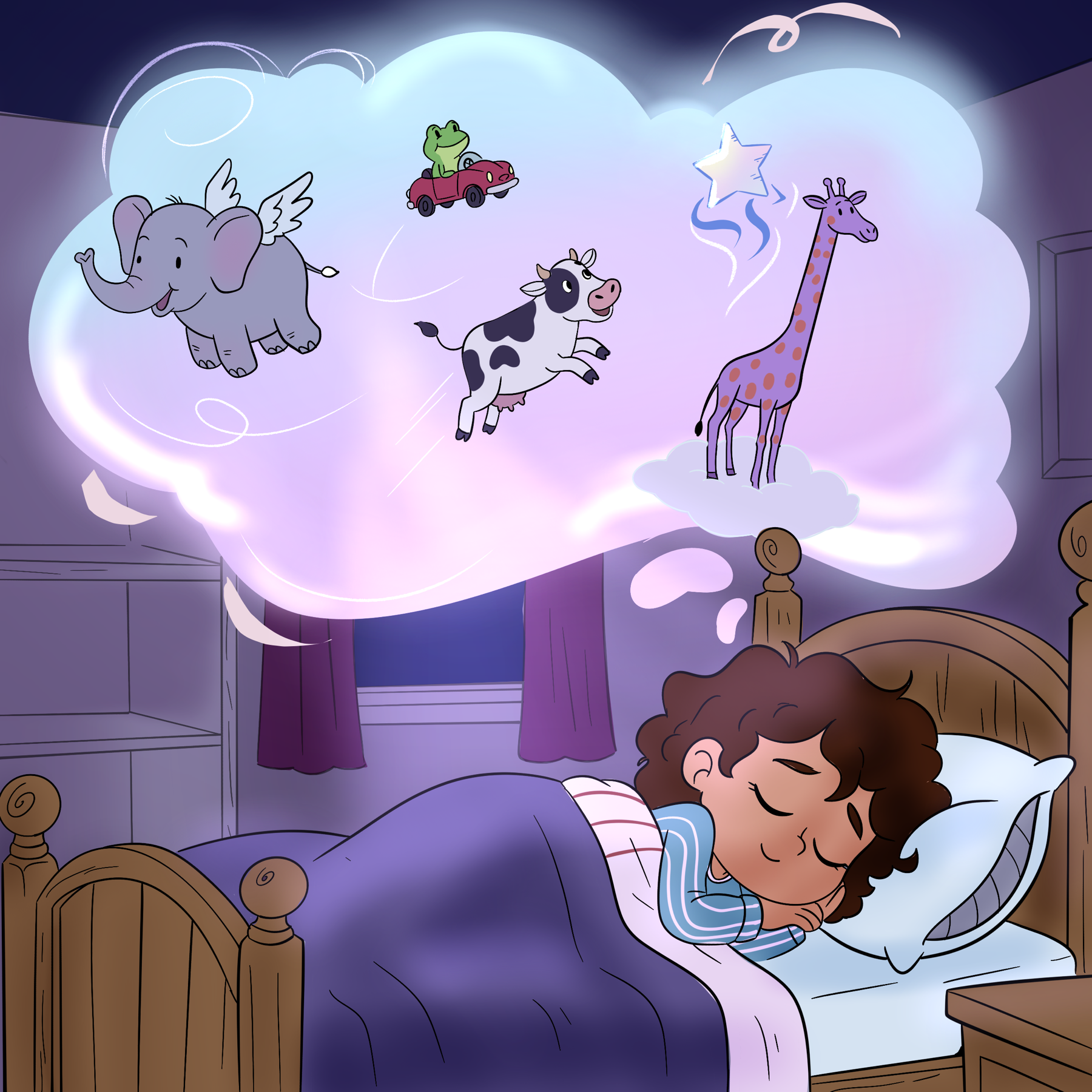 A child dreams of friendly animals in a glowing storybook scene