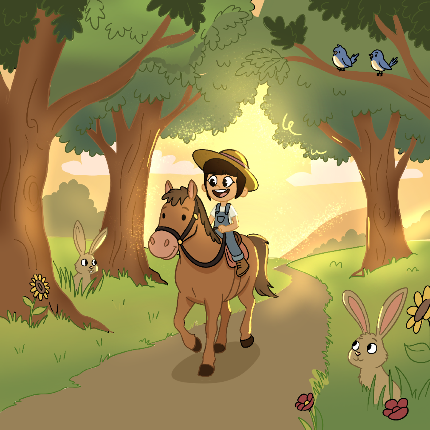 A child rides a horse along a sunlit forest path